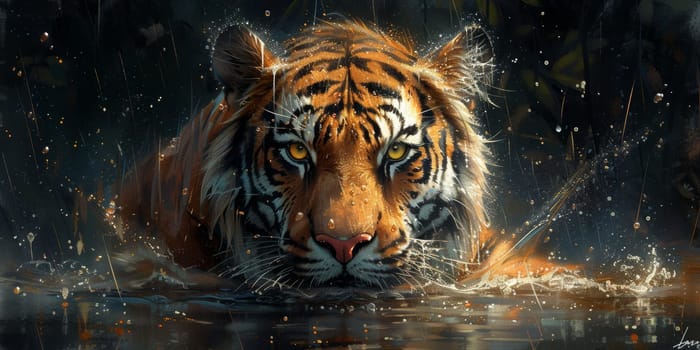 Painting of a tiger with oil technique. Wall art