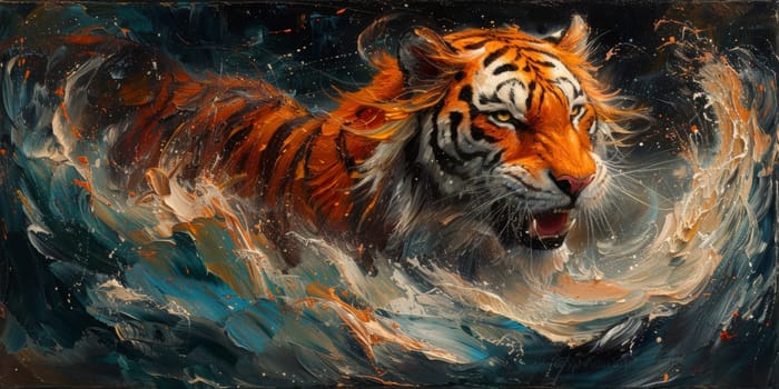 Painting of a tiger with oil technique. Wall art