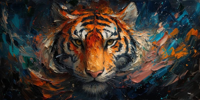 Painting of a tiger with oil technique. Wall art