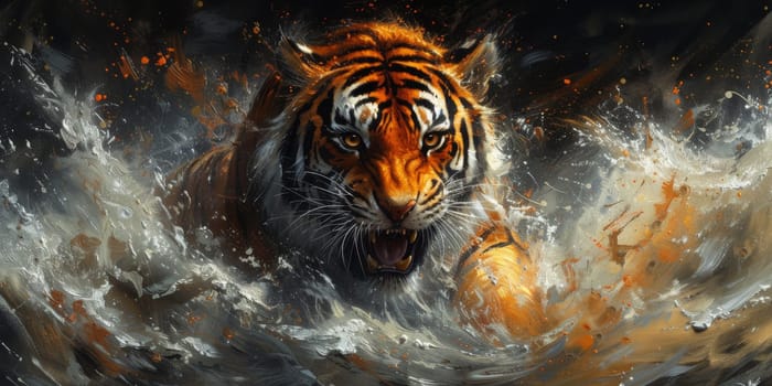 Painting of a tiger with oil technique. Wall art