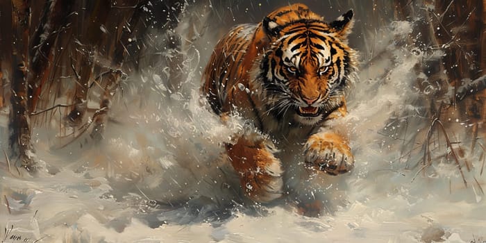 Painting of a tiger with oil technique. Wall art