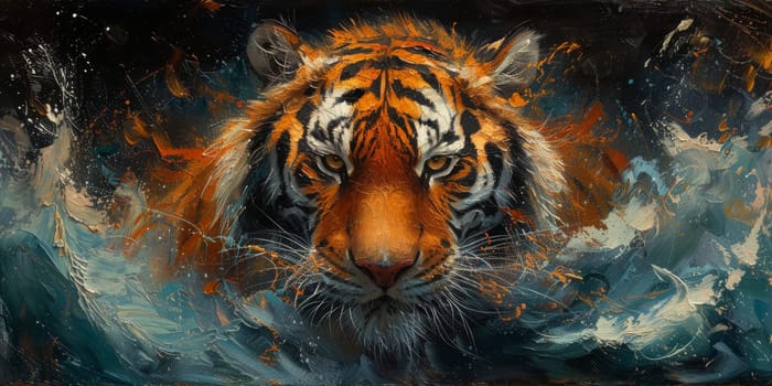 Painting of a tiger with oil technique. Wall art