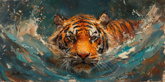 Painting of a tiger with oil technique. Wall art