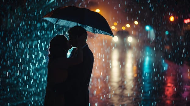 Couple kissing in the rain with back cinematic light. Neural network generated image. Not based on any actual person or scene.