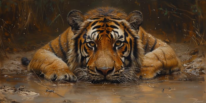 Painting of a tiger with oil technique. Wall art