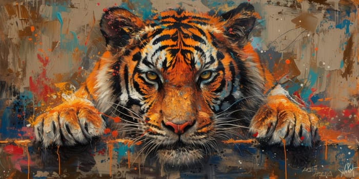 Painting of a tiger with oil technique. Wall art