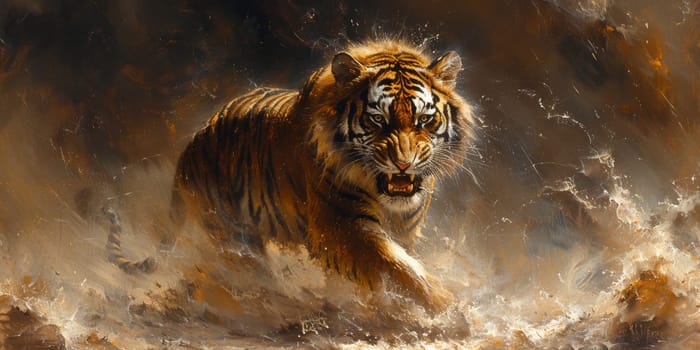 Painting of a tiger with oil technique. Wall art