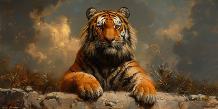 Painting of a tiger with oil technique. Wall art