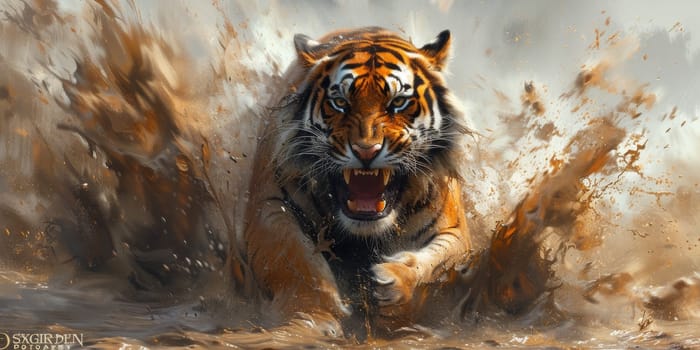 Painting of a tiger with oil technique. Wall art