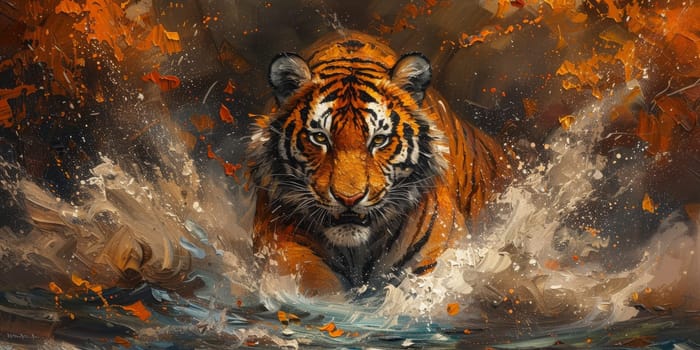 Painting of a tiger with oil technique. Wall art