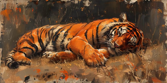 Painting of a tiger with oil technique. Wall art