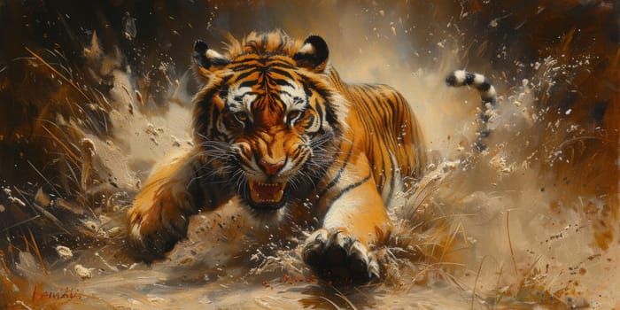 Painting of a tiger with oil technique. Wall art