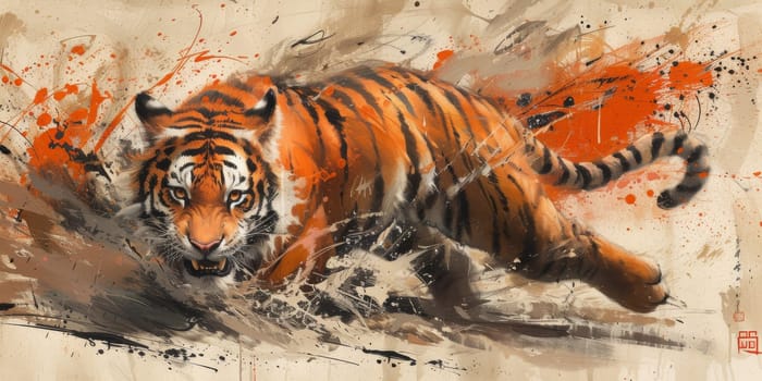 Painting of a tiger with oil technique. Wall art