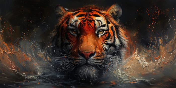 Painting of a tiger with oil technique. Wall art