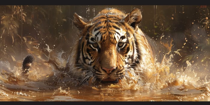 Painting of a tiger with oil technique. Wall art