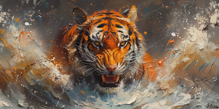 Painting of a tiger with oil technique. Wall art