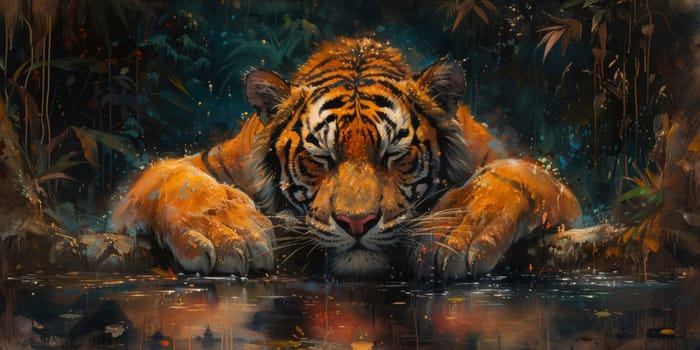 Painting of a tiger with oil technique. Wall art