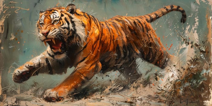 Painting of a tiger with oil technique. Wall art