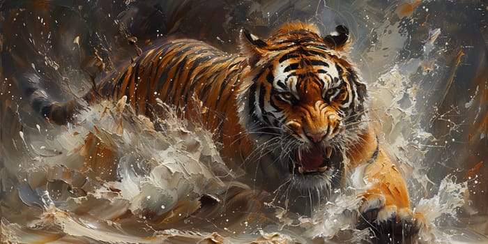 Painting of a tiger with oil technique. Wall art