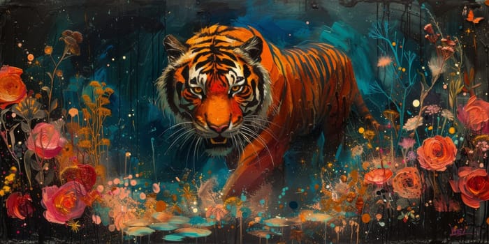 Painting of a tiger with oil technique. Wall art