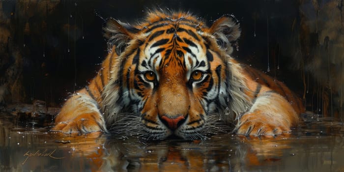 Painting of a tiger with oil technique. Wall art