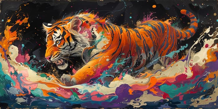 Painting of a tiger with oil technique. Wall art