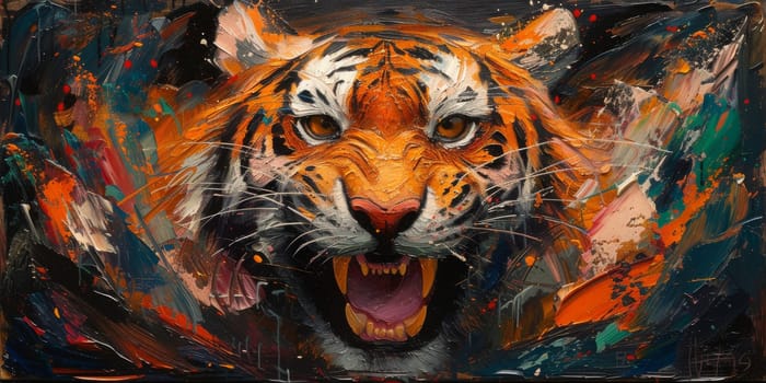 Painting of a tiger with oil technique. Wall art