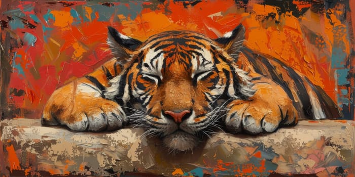 Painting of a tiger with oil technique. Wall art