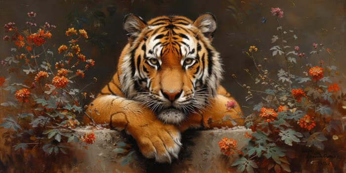 Painting of a tiger with oil technique. Wall art