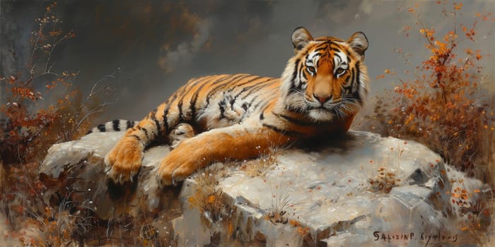 Painting of a tiger with oil technique. Wall art