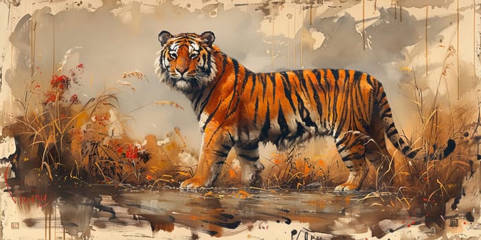 Painting of a tiger with oil technique. Wall art