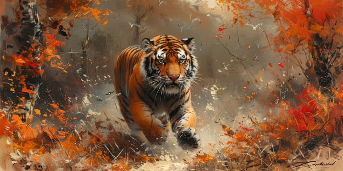 Painting of a tiger with oil technique. Wall art