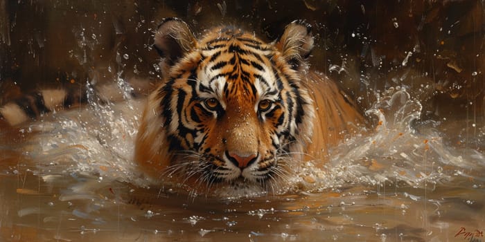 Painting of a tiger with oil technique. Wall art