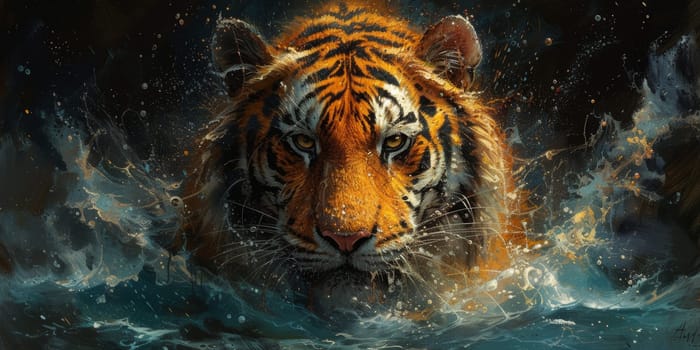 Painting of a tiger with oil technique. Wall art