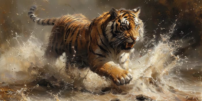 Painting of a tiger with oil technique. Wall art