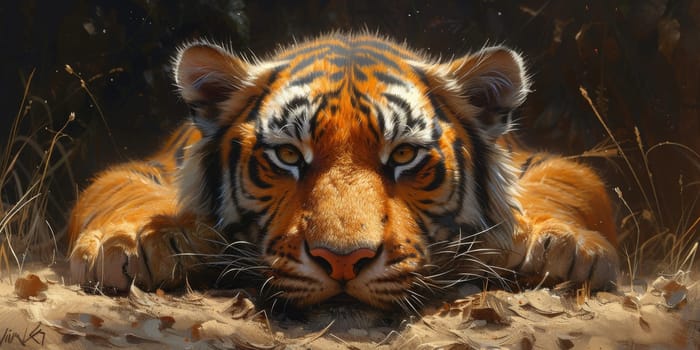 Painting of a tiger with oil technique. Wall art