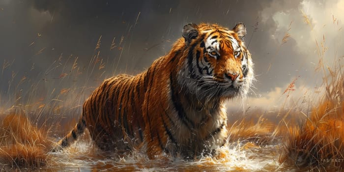 Painting of a tiger with oil technique. Wall art