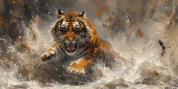 Painting of a tiger with oil technique. Wall art