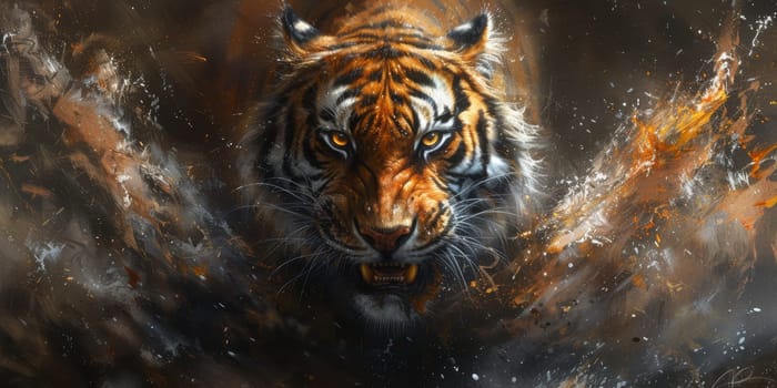 Painting of a tiger with oil technique. Wall art