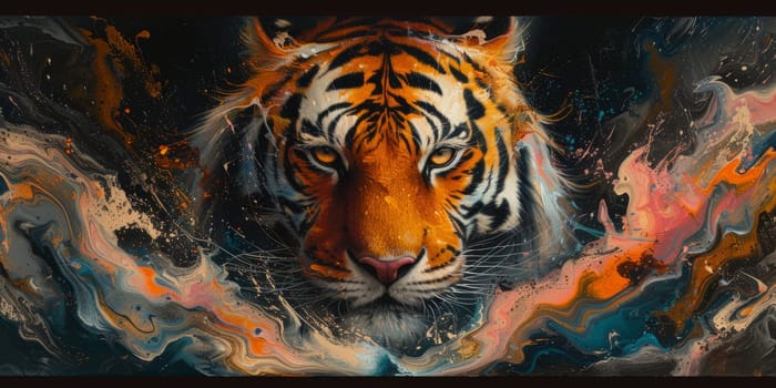 Painting of a tiger with oil technique. Wall art