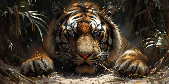 Painting of a tiger with oil technique. Wall art