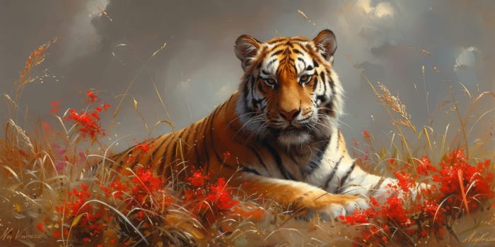 Painting of a tiger with oil technique. Wall art