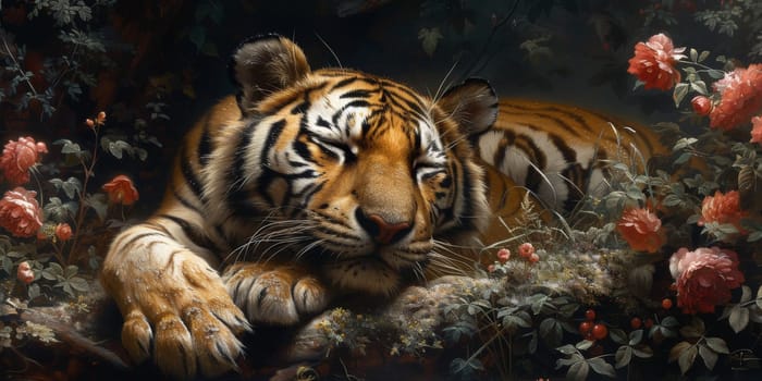 Painting of a tiger with oil technique. Wall art