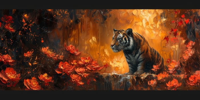 Painting of a tiger with oil technique. Wall art