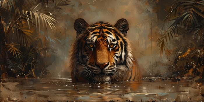 Painting of a tiger with oil technique. Wall art