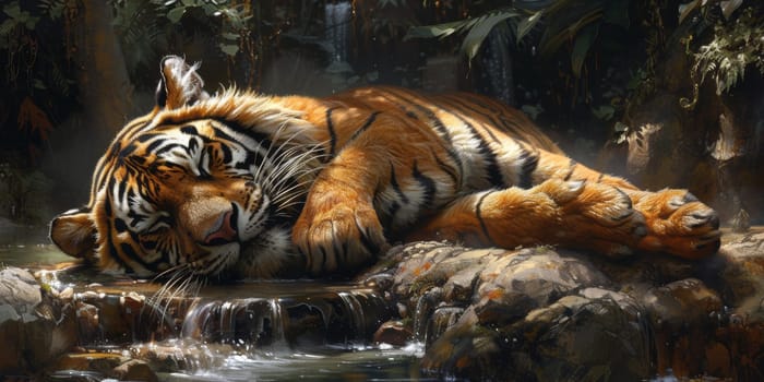 Painting of a tiger with oil technique. Wall art