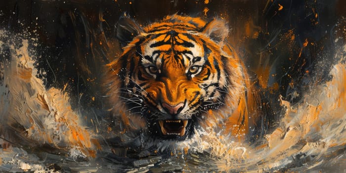 Painting of a tiger with oil technique. Wall art