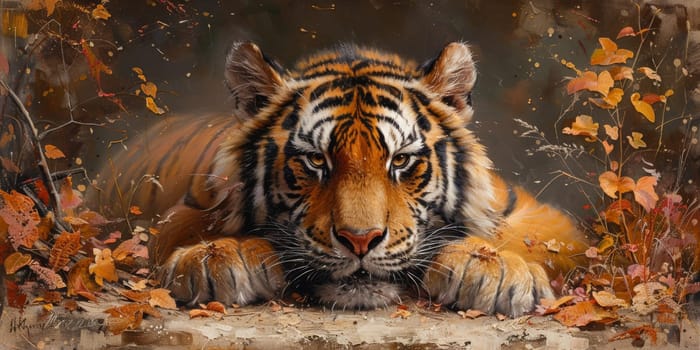 Painting of a tiger with oil technique. Wall art