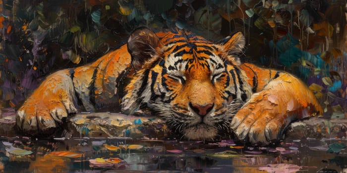 Painting of a tiger with oil technique. Wall art