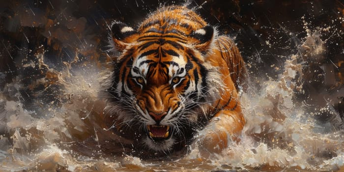 Painting of a tiger with oil technique. Wall art